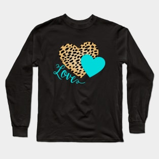 Cheetah Leopard with Turquoise Hearts and Love Text Long Sleeve T-Shirt